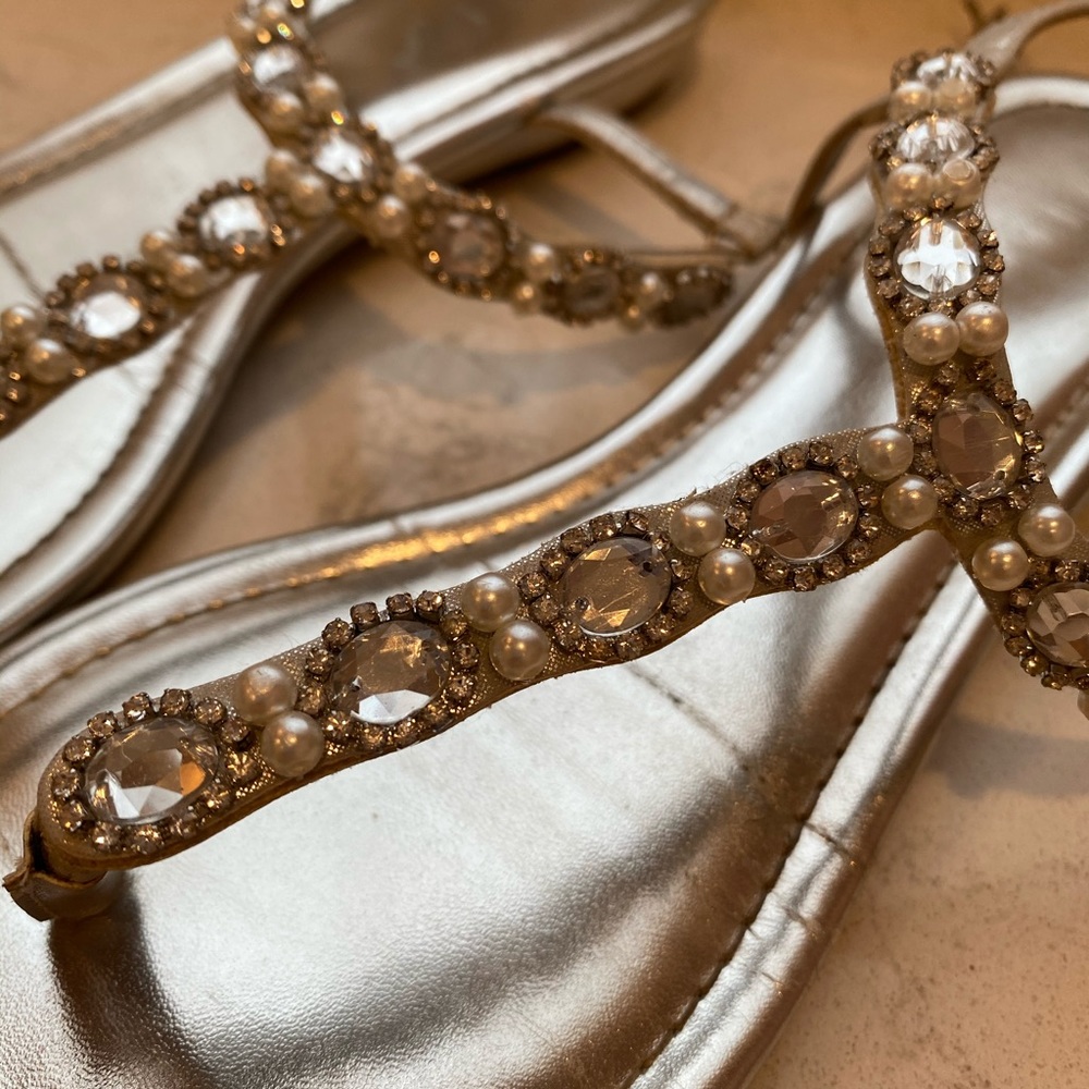 Silver Sandals with pearl and gem accents